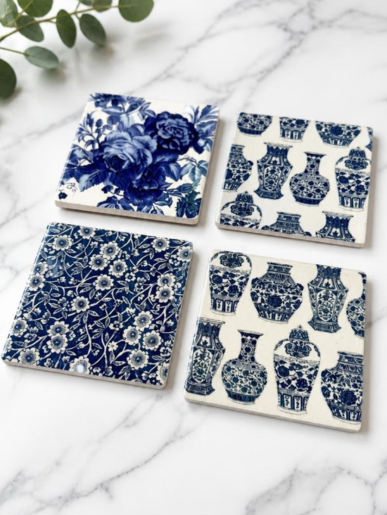 Handmade Other - Blue & White Chinoiserie Coaster | Ginger Jar Floral Grandmillennial Coaster Set